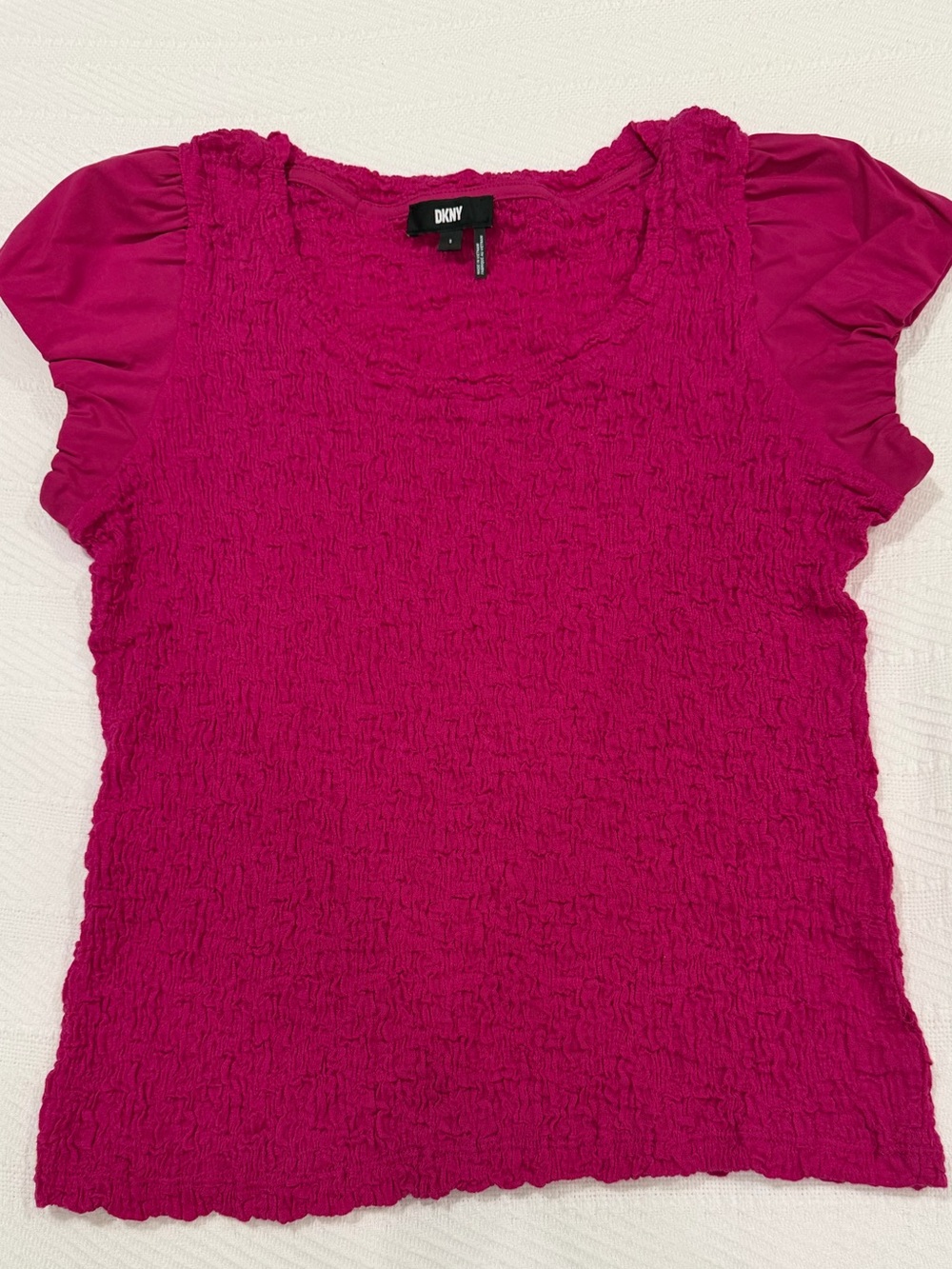DKNY Hot Pink Crinkle Texture Top | Puff Sleeve Stretch Blouse | Size Small - Picture 4 of 6